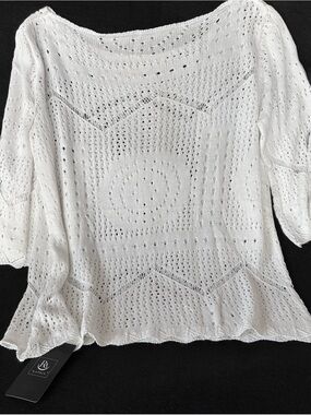 Rapbin Women’s L White Open Knit Crochet Sweater Top 3/4 Sleeve NWT Boho